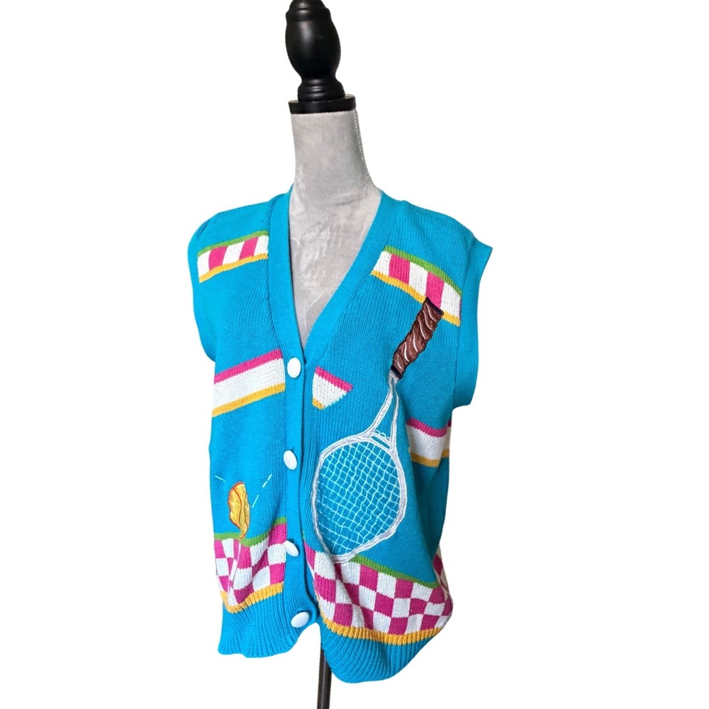 Lizi Ruch Vintage Tennis Sweater Vest Turquoise Blue Cotton Knit Cardigan Medium - Picture 8 of 10